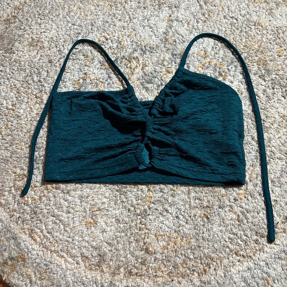 SHEIN Dark Teal Ruched Tie-Front Crop Top
